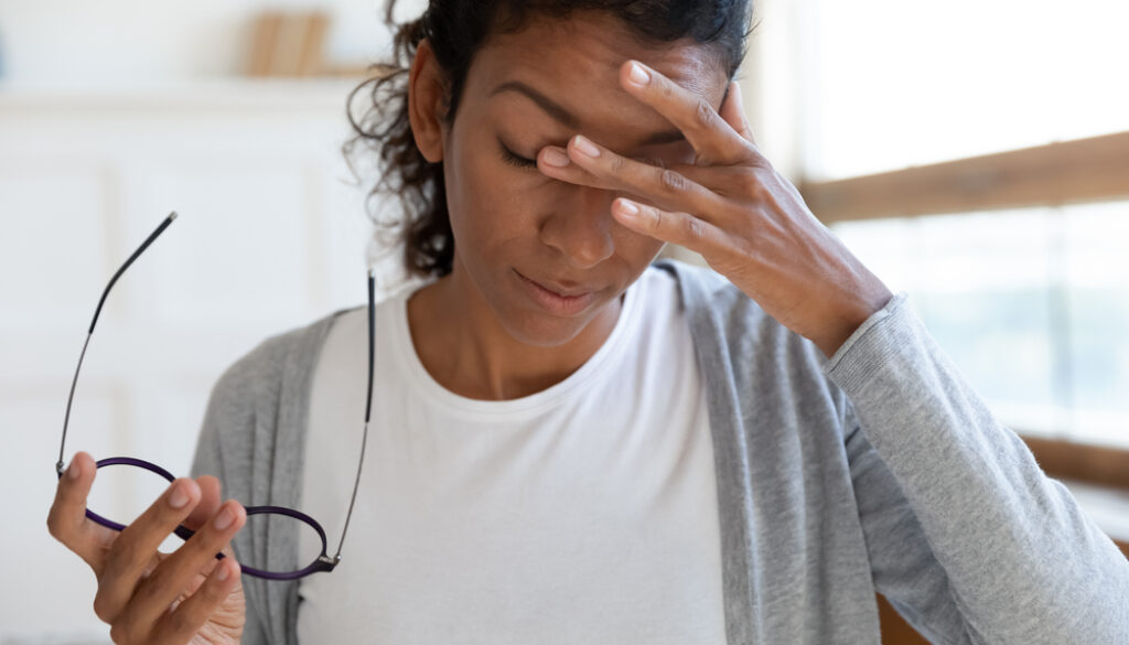 Exhausted,Young,Biracial,Woman,Take,Off,Glasses,Massage,Eyes,Suffer