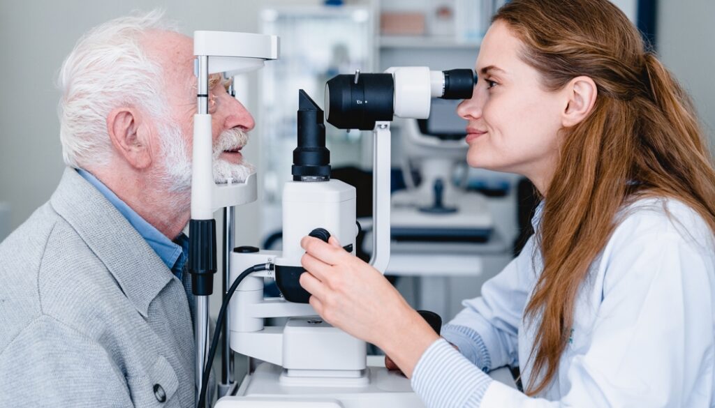 Smiling,Female,Ophthalmologist,Examining,Mature,Male,Patient,With,The,Help