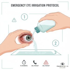 "Emergency eye irrigation technique demonstration showing proper chemical eye injury first aid treatment steps and timing"