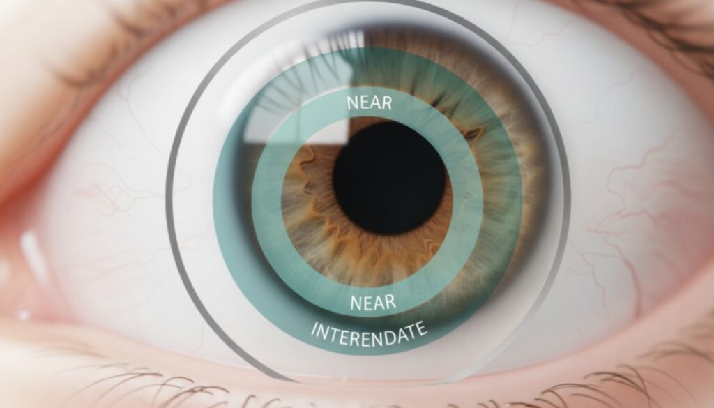 Multifocal contact lens for presbyopia showing concentric zones for near intermediate and distance vision correction after age 40