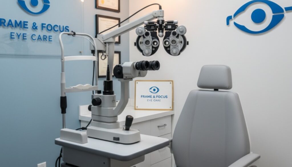 Modern eye examination room with slit-lamp equipment for pinguecula and pterygium diagnosis at Frame & Focus Eye Care Richmond Texas