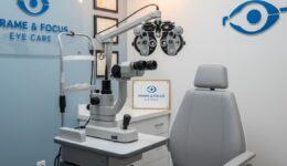 Modern eye examination room with slit-lamp equipment for pinguecula and pterygium diagnosis at Frame & Focus Eye Care Richmond Texas