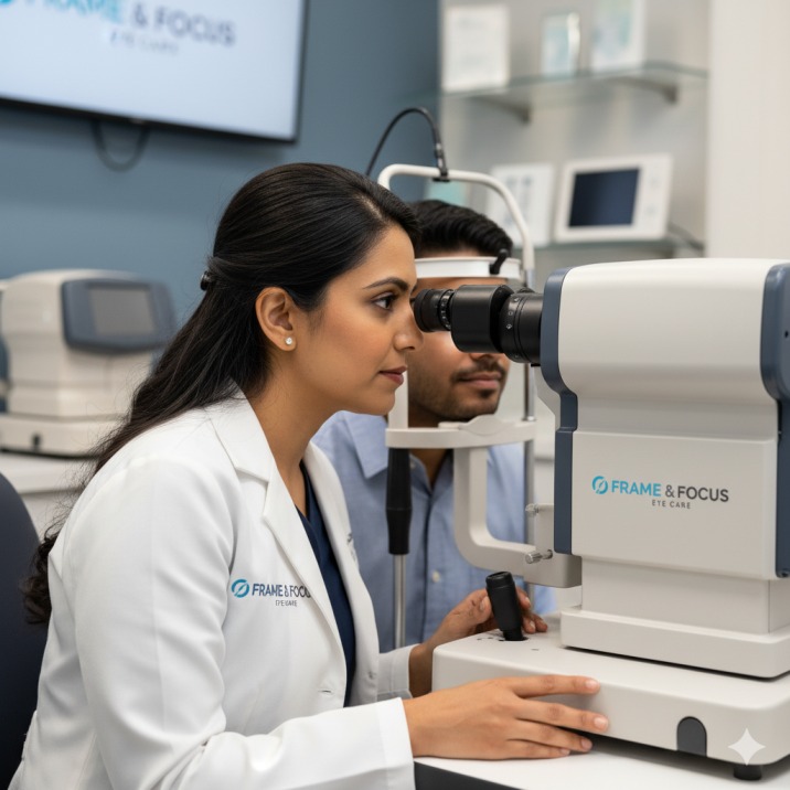 Dr. Sarah Zaver examining patient with advanced slit-lamp microscope for pinguecula and pterygium diagnosis at Frame & Focus Eye Care Richmond Texas
