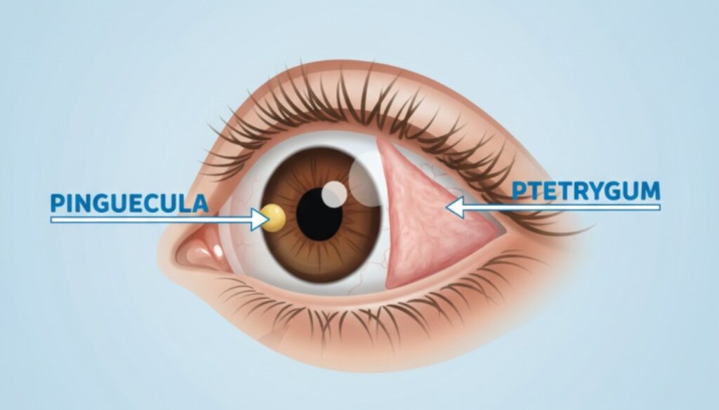 Medical illustration showing pinguecula and pterygium eye conditions with a yellowish bump and triangular growth on the eye's surface - Frame & Focus Eye Care Richmond TX