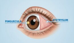 Medical illustration showing pinguecula and pterygium eye conditions with a yellowish bump and triangular growth on the eye's surface - Frame & Focus Eye Care Richmond TX