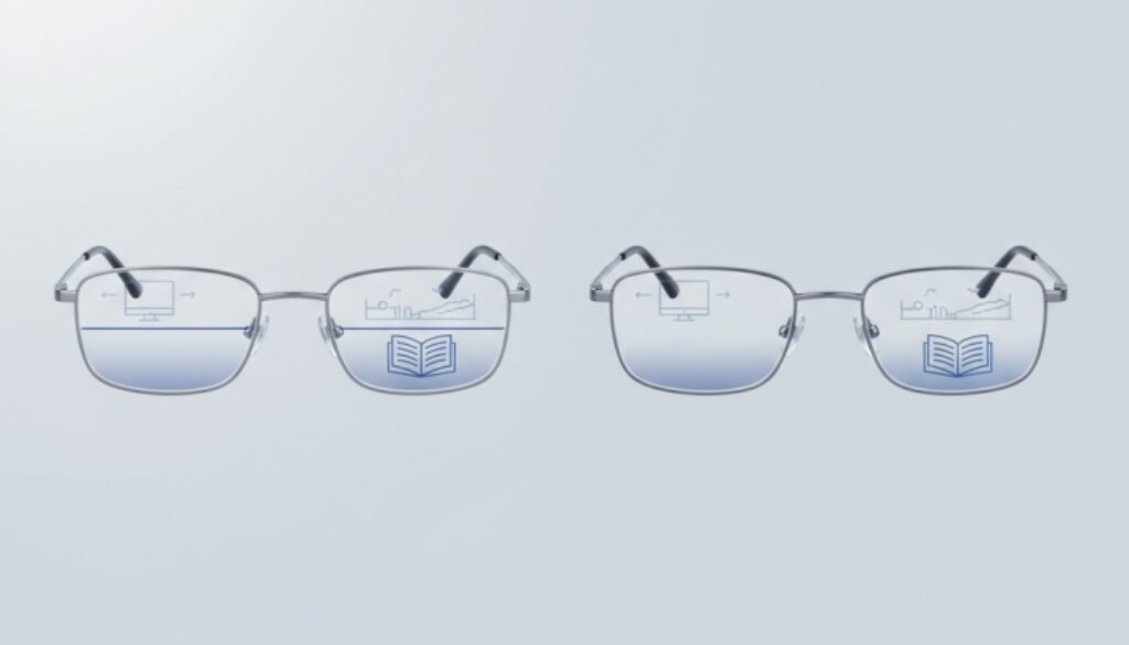 Side-by-side comparison of bifocal glasses with visible line versus progressive multifocal glasses with seamless transition, showing differences in lens design for presbyopia correction