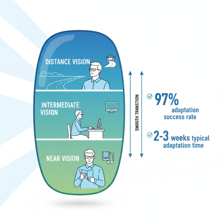 Progressive multifocal lens diagram showing three vision zones - distance, intermediate, and near vision - with adaptation timeline and success rates for presbyopia patients