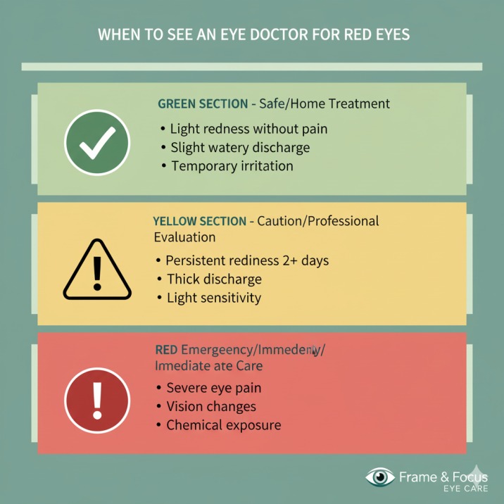 Educational infographic showing when to seek eye care for red eyes using traffic light system - green for home care, yellow for doctor visit, red for emergency treatment