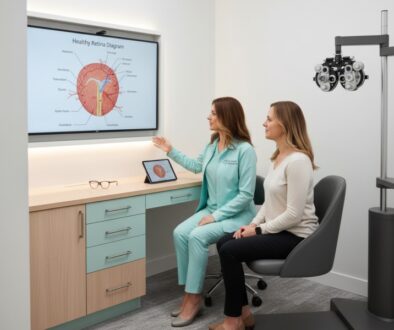 Professional female optometrist (Dr. Zaver) in a modern Richmond eye clinic explaining eye health to an adult patient, emphasizing thorough eye care and advanced technology for a clear diagnosis.