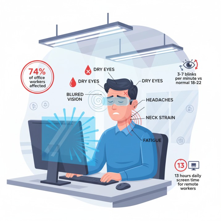 Digital eye strain symptoms infographic showing office worker with headaches, dry eyes, and blurred vision from poor lighting and screen exposure