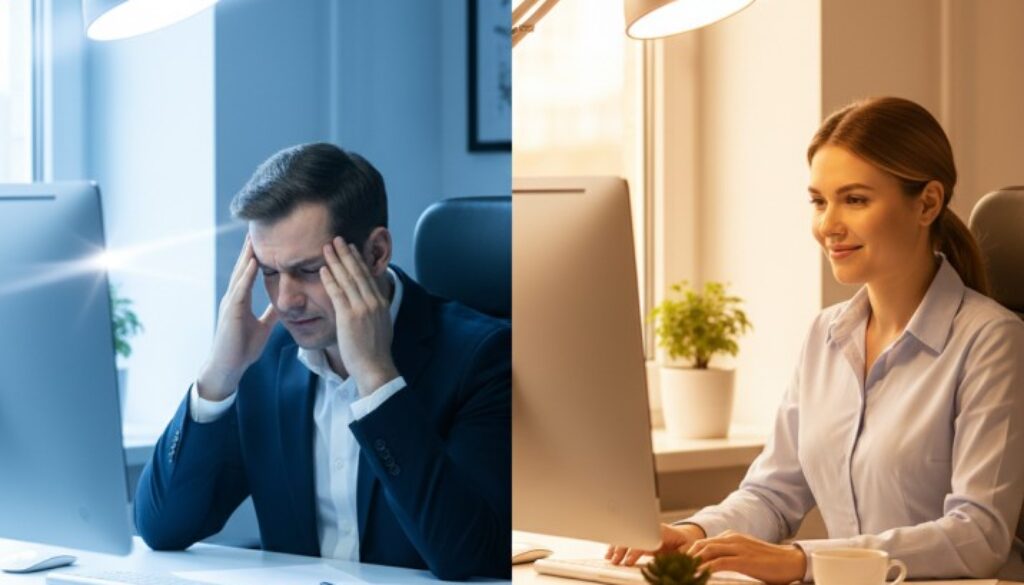 Office worker experiencing eye strain from poor fluorescent lighting versus healthy workspace with proper LED lighting and natural light