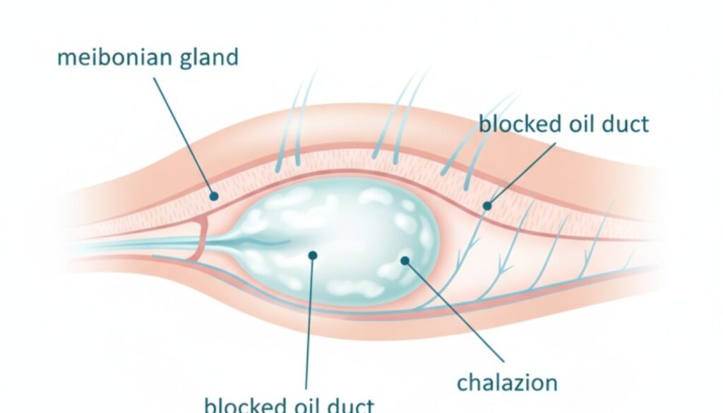 Medical diagram showing chalazion formation in eyelid with blocked meibomian gland - Frame & Focus Eye Care Richmond TX