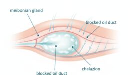 Medical diagram showing chalazion formation in eyelid with blocked meibomian gland - Frame & Focus Eye Care Richmond TX