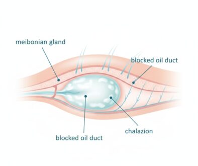 Medical diagram showing chalazion formation in eyelid with blocked meibomian gland - Frame & Focus Eye Care Richmond TX