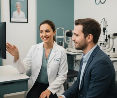 Professional female eye doctor consulting with a patient in a modern, clean eye care center. Emphasizing patient-centered care and expertise for eye exams in Richmond, TX.