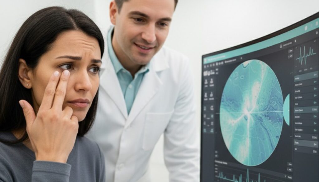 An optometrist, Dr. Sarah Zaver, reviewing advanced diagnostic images of a patient's eye to diagnose the underlying condition linked to chronic dry eye and eye pain at Frame & Focus Eye Care in Richmond, TX.
