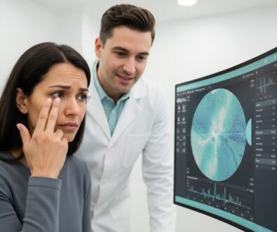 An optometrist, Dr. Sarah Zaver, reviewing advanced diagnostic images of a patient's eye to diagnose the underlying condition linked to chronic dry eye and eye pain at Frame & Focus Eye Care in Richmond, TX.