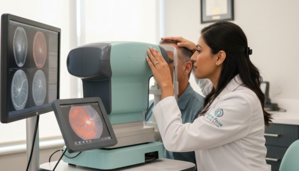 Dr. Sarah Zaver performing retinal imaging procedure at Frame & Focus Eye Care in Richmond TX using advanced fundus camera technology for early disease detection