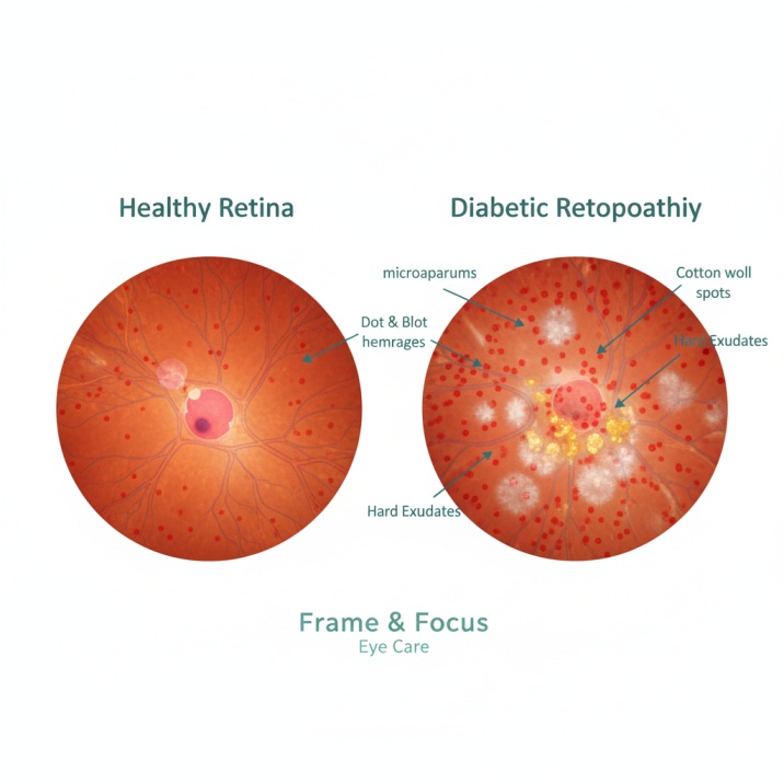 Retinal imaging comparison showing healthy retina versus diabetic retinopathy detection through advanced fundus photography at Frame & Focus Eye Care