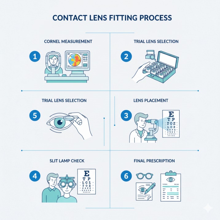 Step-by-step contact lens fitting process infographic showing corneal measurement, trial lens placement, and vision testing