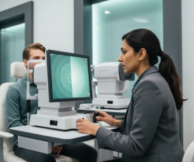 Infographic comparing a Comprehensive Eye Exam (focus on retinal health and disease detection) and a Contact Lens Exam (focus on corneal curvature, fit assessment, and tear film).