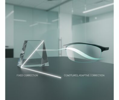 Comparison showing a static prism redirecting light versus a dynamic, contoured Neurolens adjusting light for comprehensive visual strain relief.