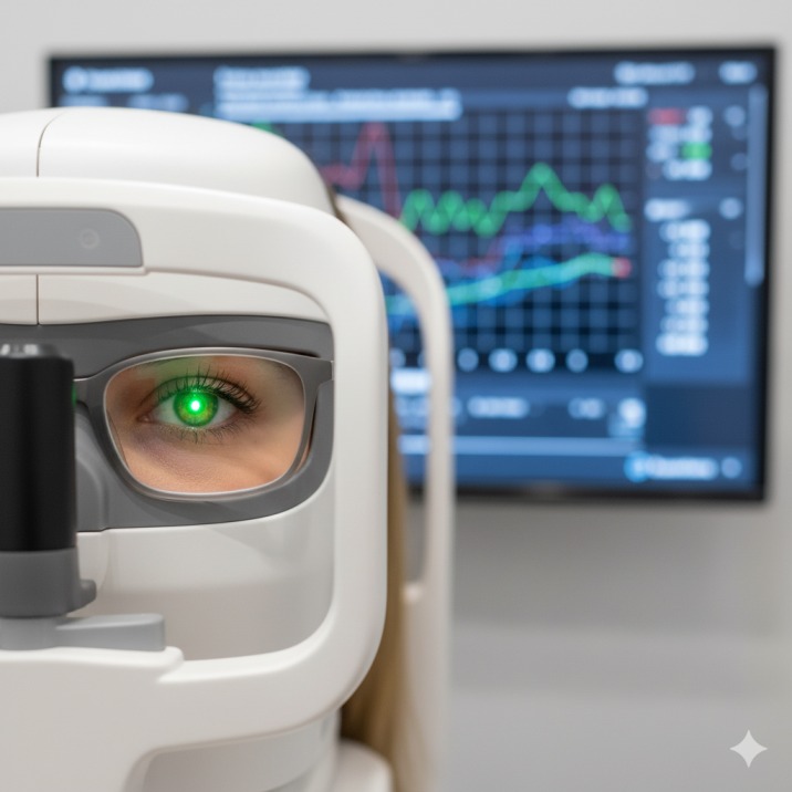 Patient undergoing a measurement on the Neurolens nMD device to objectively diagnose subtle eye misalignment and Trigeminal Dysphoria.