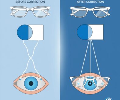Prism correction eyeglasses diagram showing how prism lenses redirect light to correct double vision and reduce eye strain, featuring Frame & Focus Eye Care Richmond TX logo