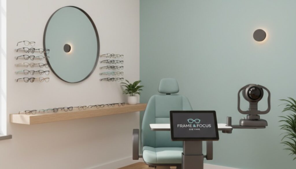Modern optometry examination room at Frame & Focus Eye Care in Richmond TX featuring advanced diagnostic equipment and professional eye exam setup