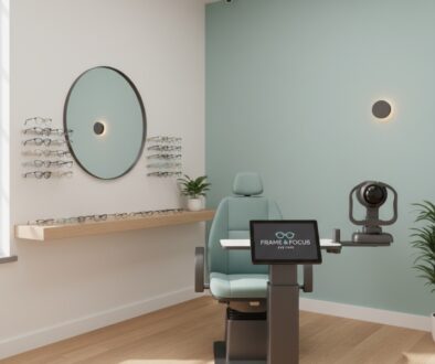 Modern optometry examination room at Frame & Focus Eye Care in Richmond TX featuring advanced diagnostic equipment and professional eye exam setup
