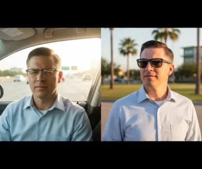 Transition lenses staying clear inside a car during a Texas commute compared to prescription sunglasses providing full sun protection outdoors.
