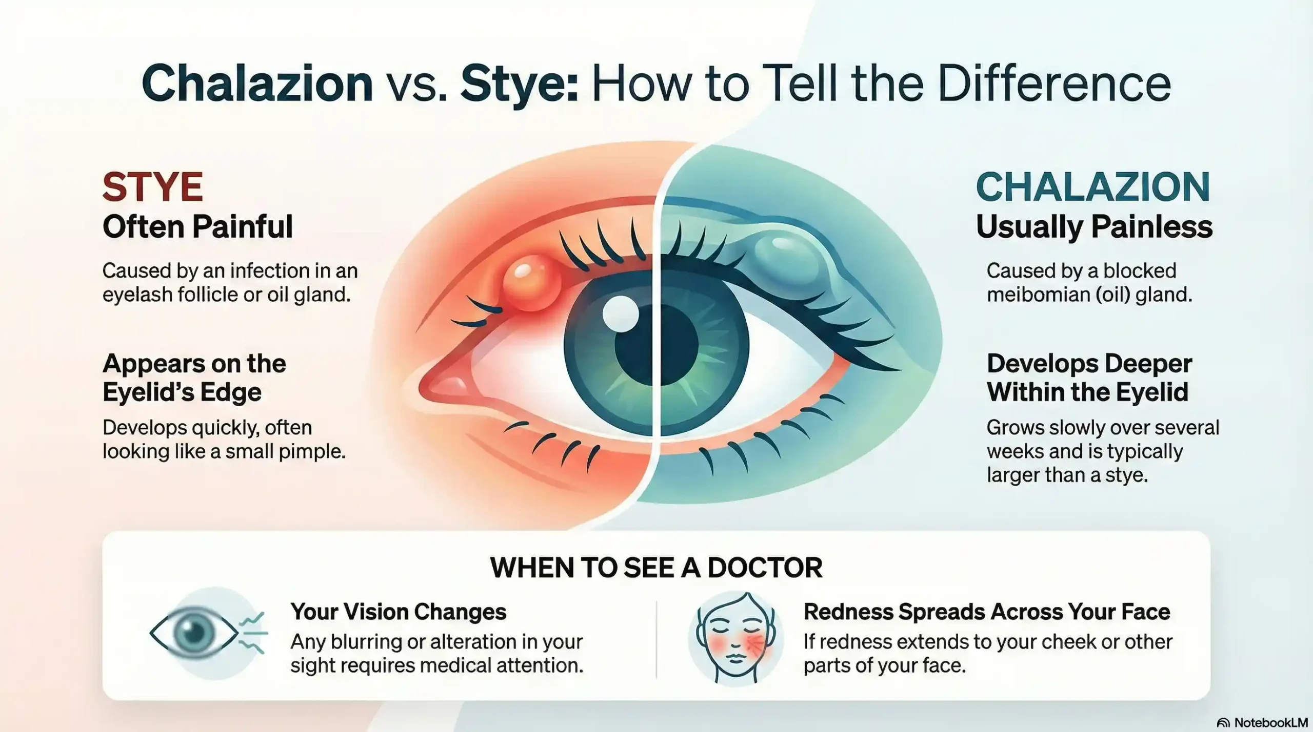 Comparison chart showing the differences between a chalazion (blocked gland) and a stye (infection).