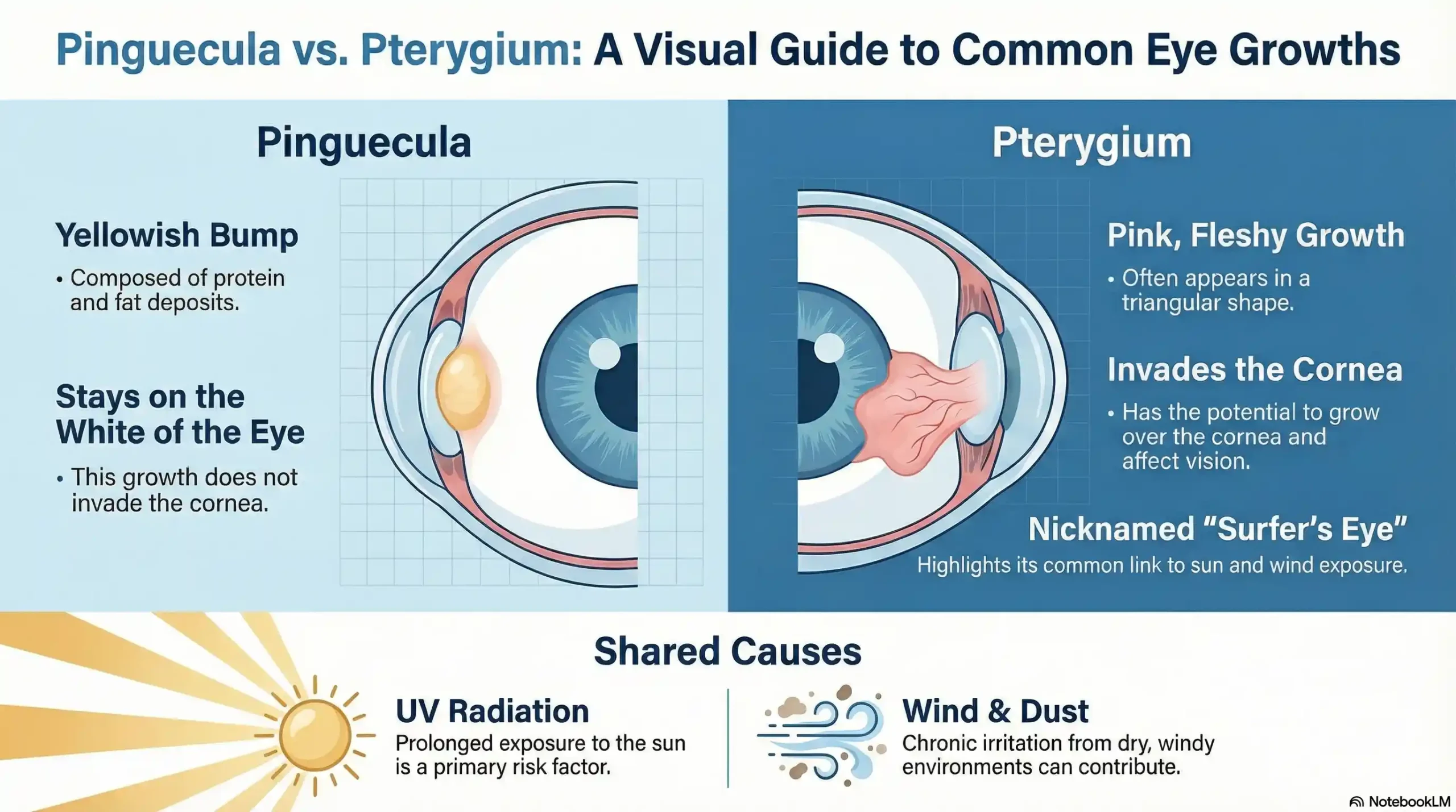 Comparison chart of Pinguecula vs Pterygium symptoms and appearance.