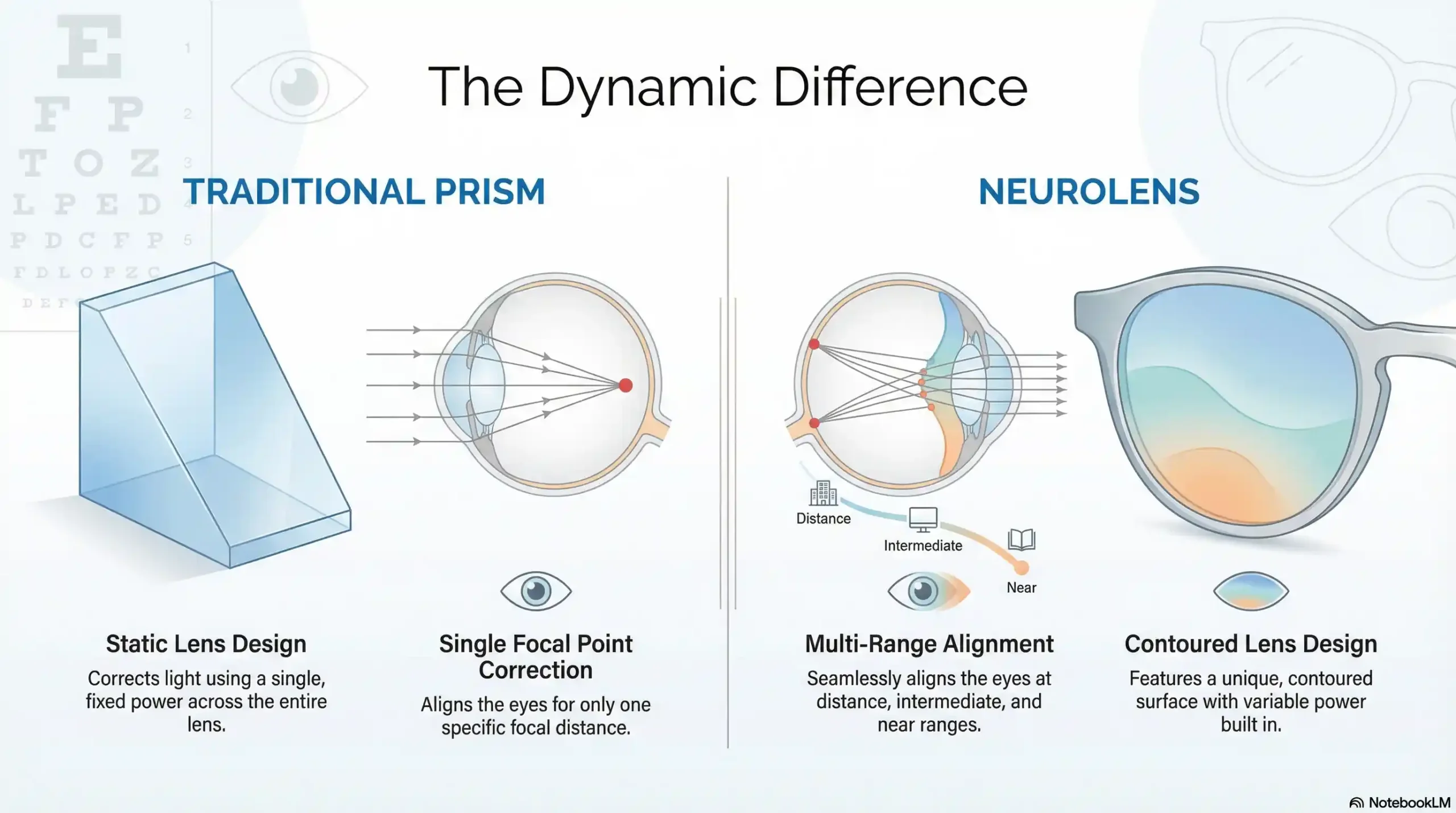 Diagram comparing traditional fixed prism lenses vs. Neurolens contoured prism technology.
