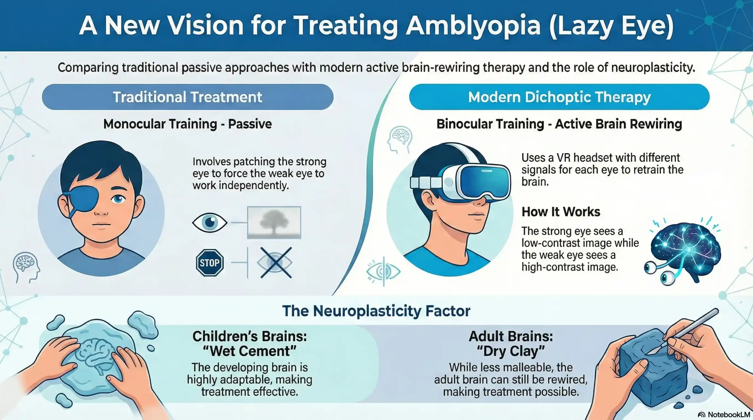 Diagram of Dichoptic Therapy vs Eye Patching for Amblyopia treatment.