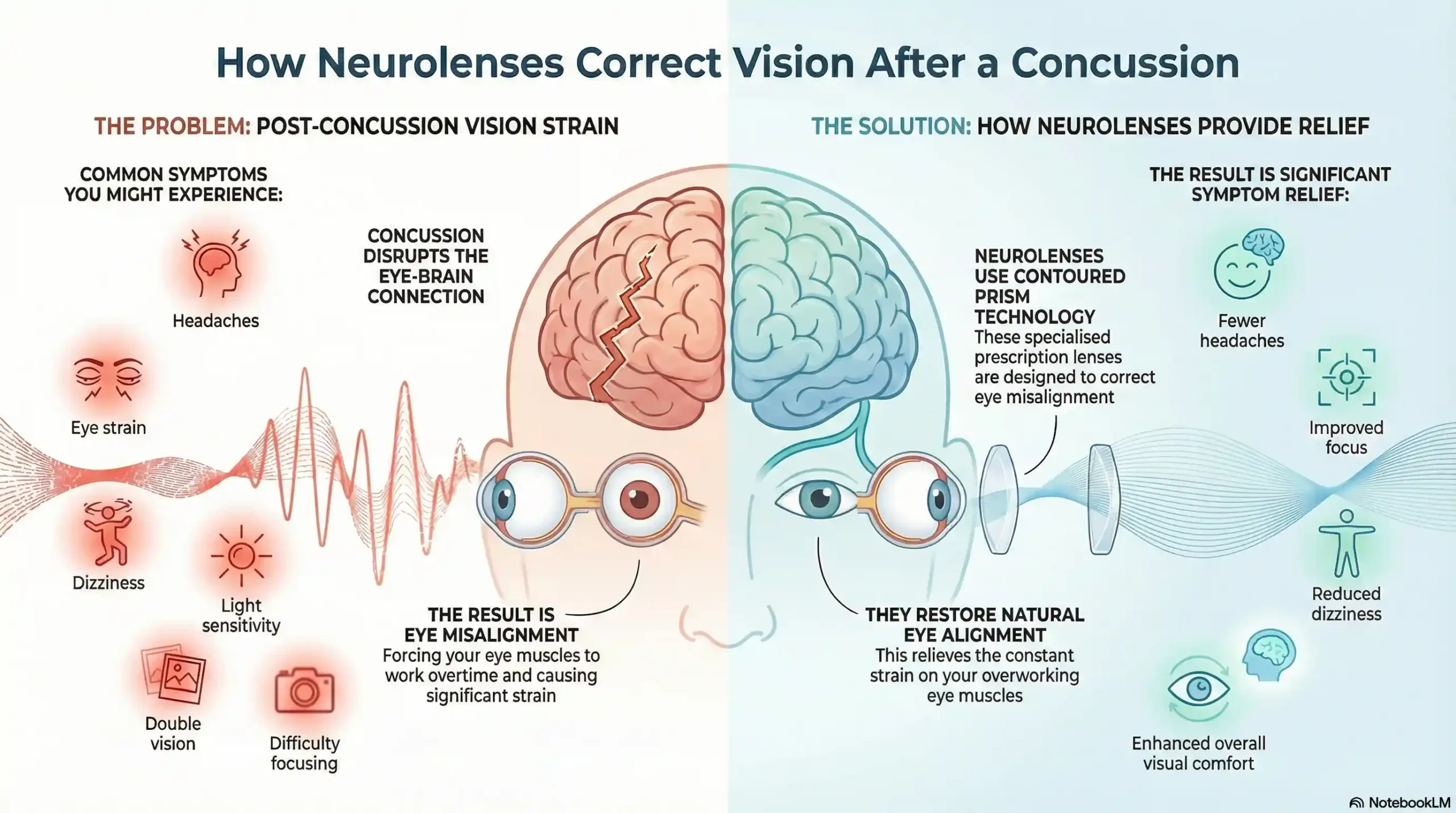 Diagram illustrating how Neurolens contoured prism technology corrects eye misalignment and relieves vision symptoms after a concussion.