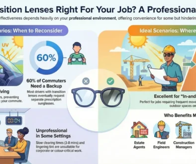 Transition lenses remaining clear while driving due to UV blockage, causing problems for Houston professionals.