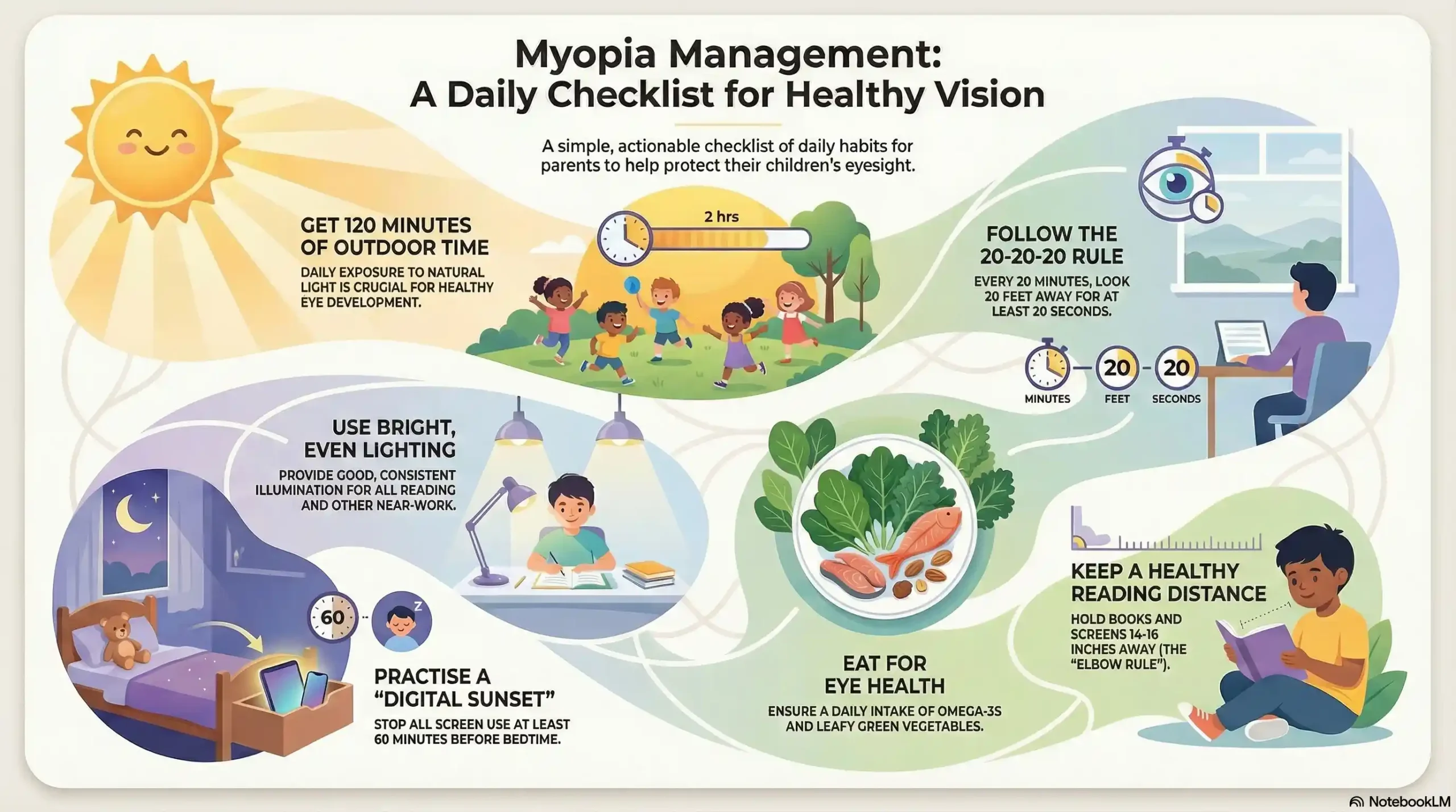 Infographic showing daily lifestyle habits for myopia management including the 20-20-20 rule, 2 hours of outdoor light, and 14-inch reading distance.