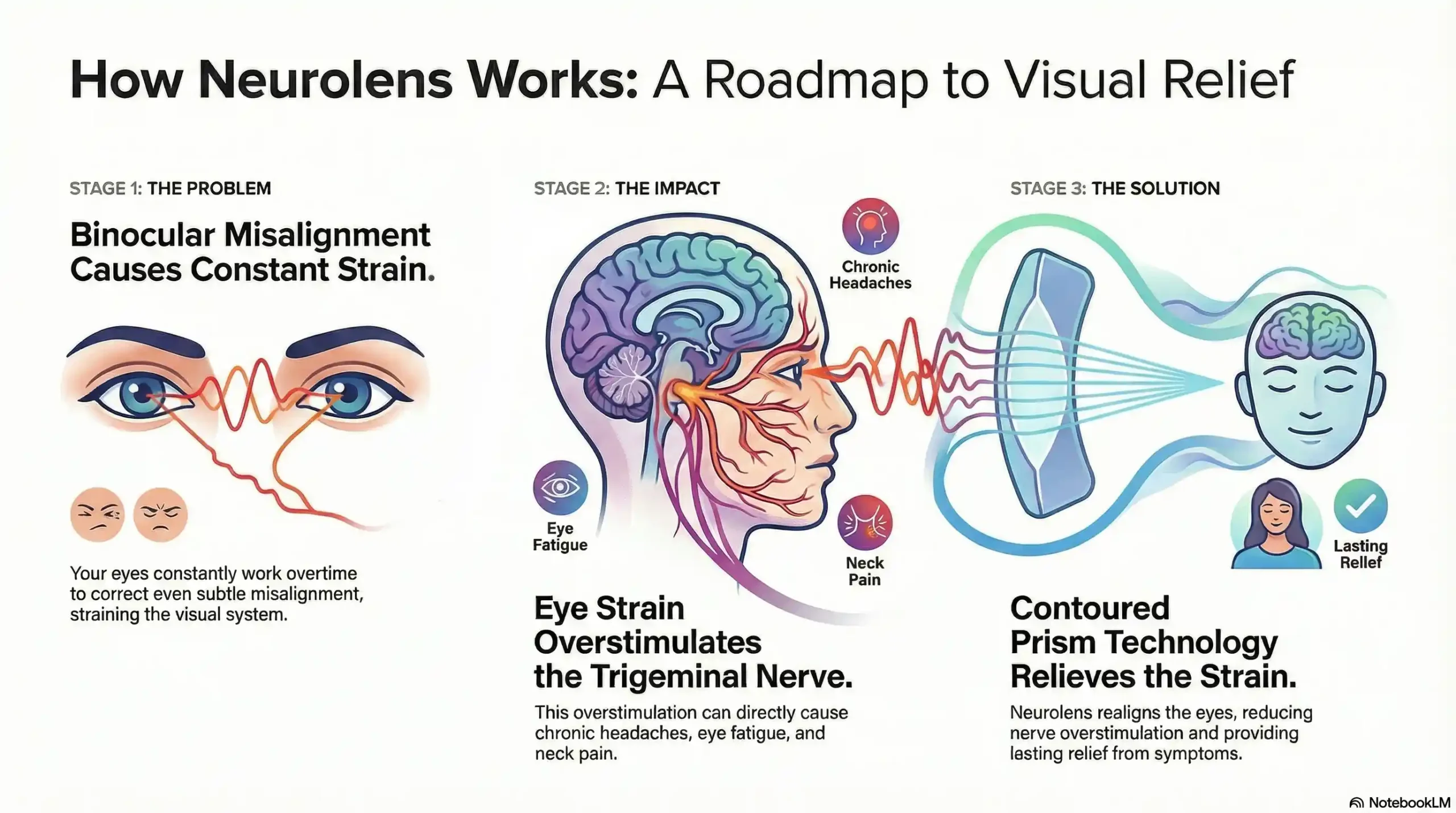 Diagram explaining the Neurolens contoured prism process and trigeminal nerve relief.
