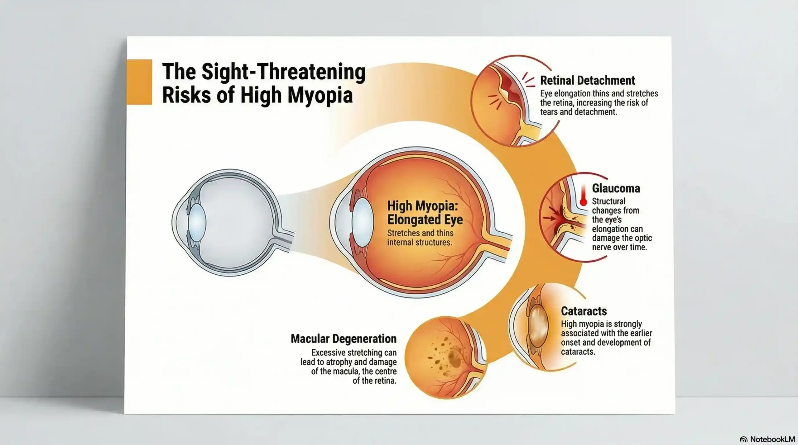 Chart showing increased risks of retinal detachment and glaucoma based on myopia severity levels.