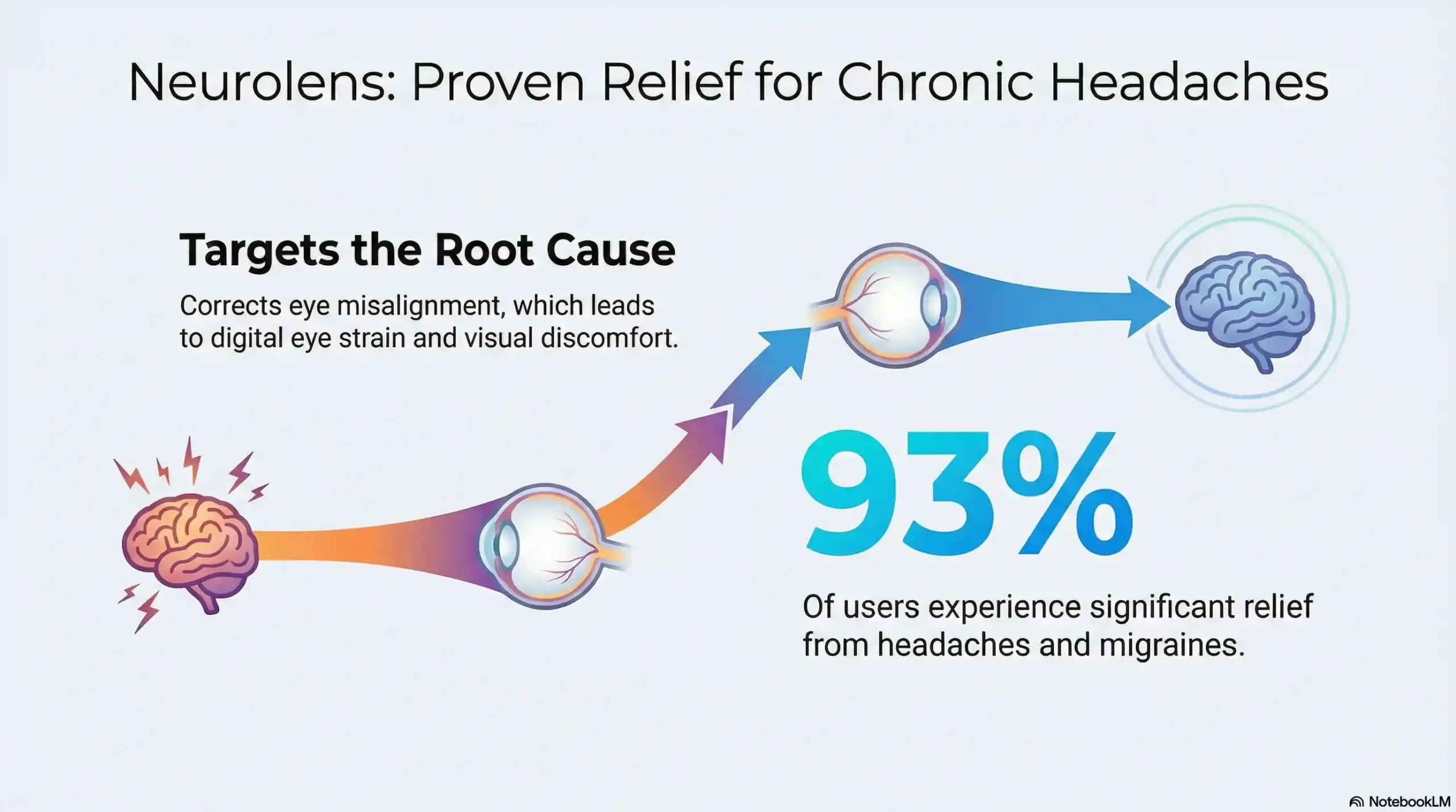 Chart displaying clinical data showing a 93% success rate for Neurolens in relieving chronic headaches and migraines caused by eye misalignment.