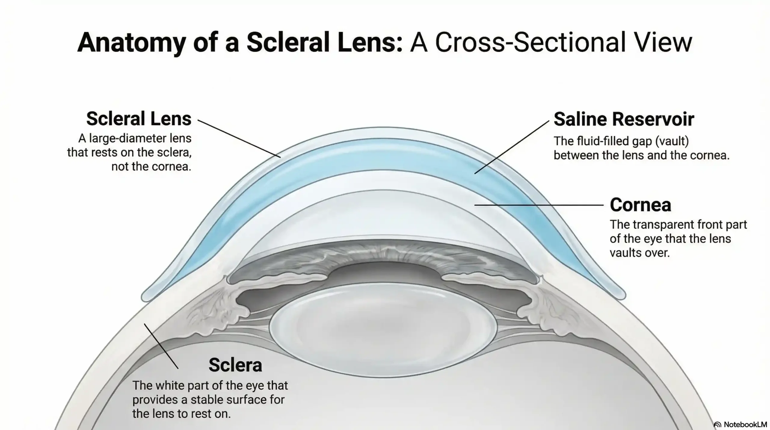 Cross-section diagram of a scleral lens vaulting over the cornea to create a saline tear reservoir for dry eye.