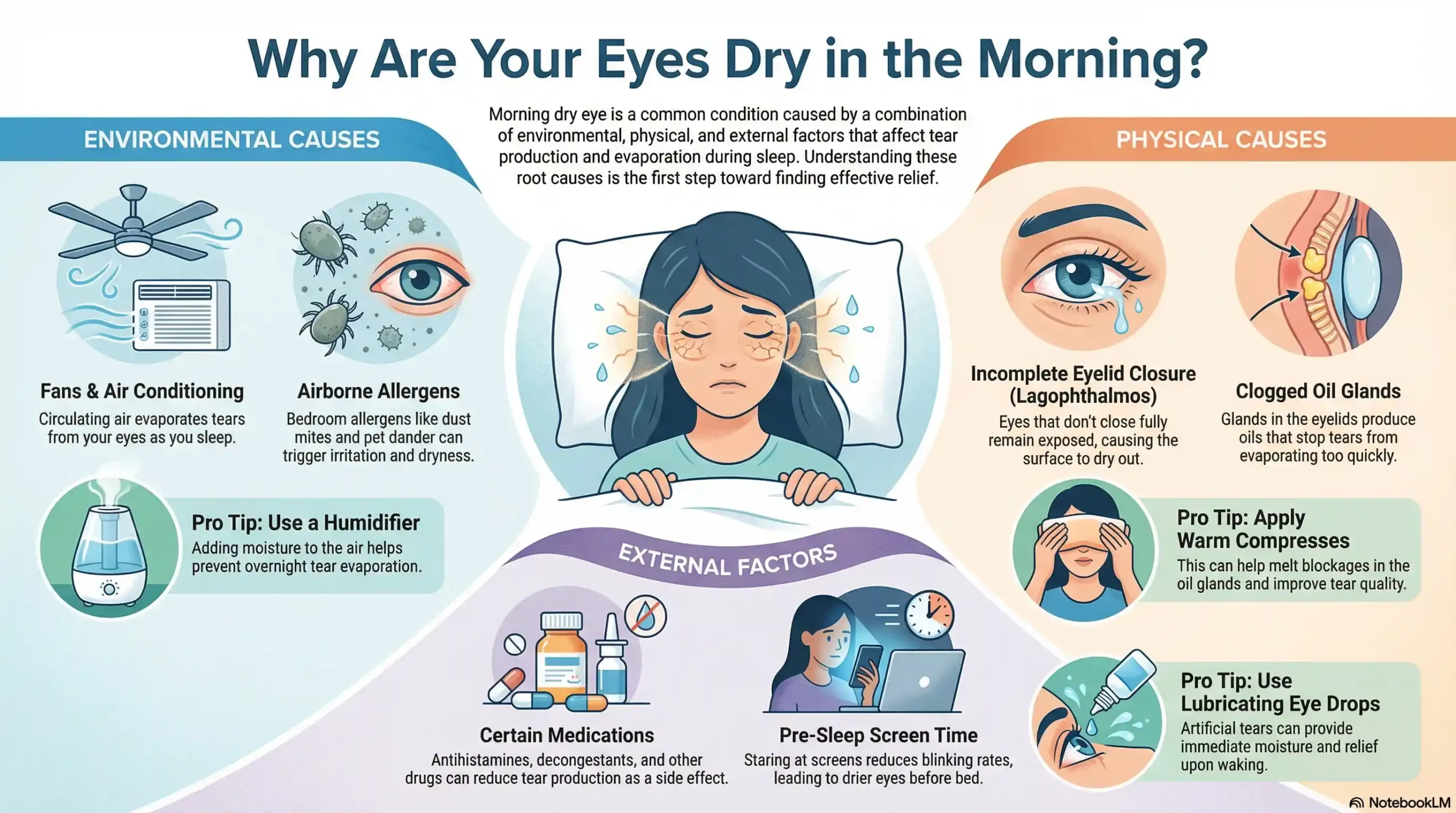 Flowchart showing causes of morning dry eyes including environmental triggers and medical conditions like MGD.
