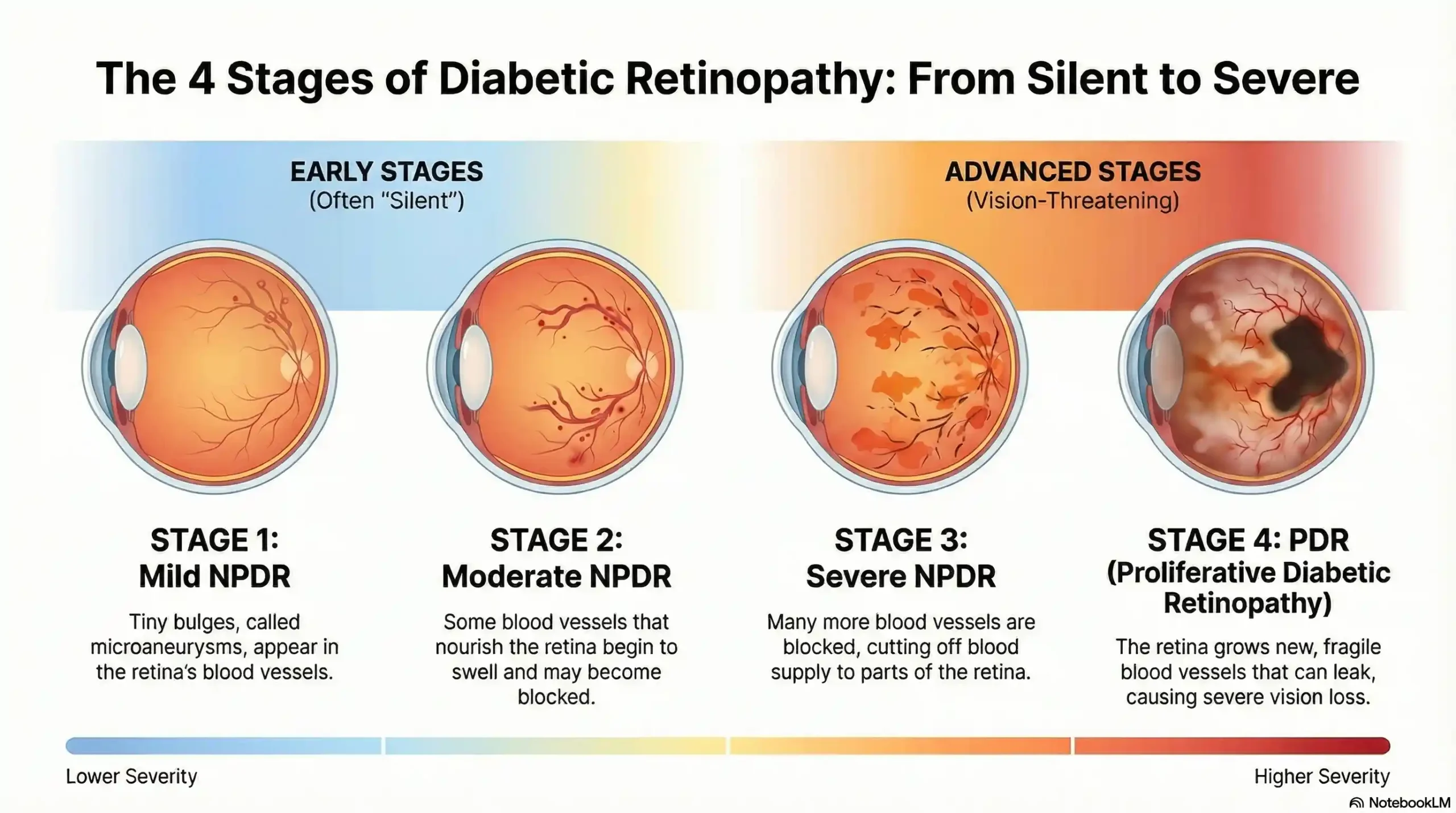 Chart showing the four stages of diabetic retinopathy from mild microaneurysms to proliferative vision loss.