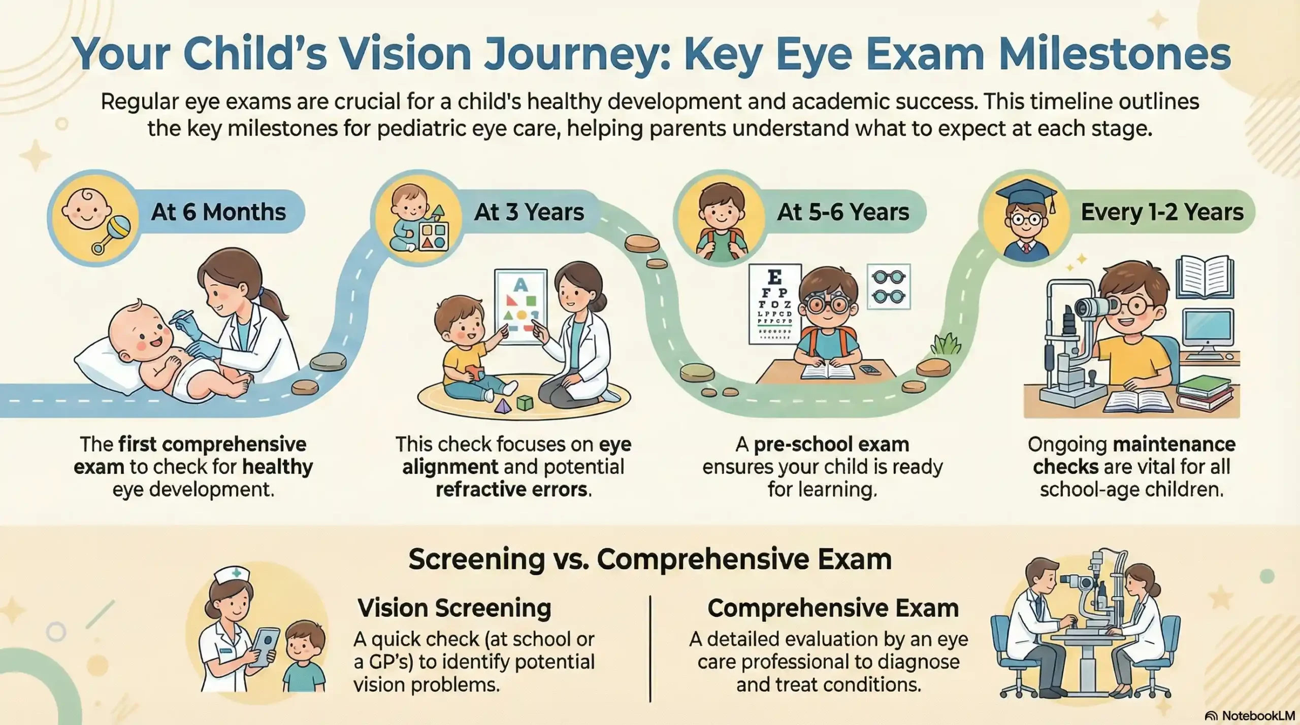 Chart showing recommended pediatric eye exam ages and frequency for children.