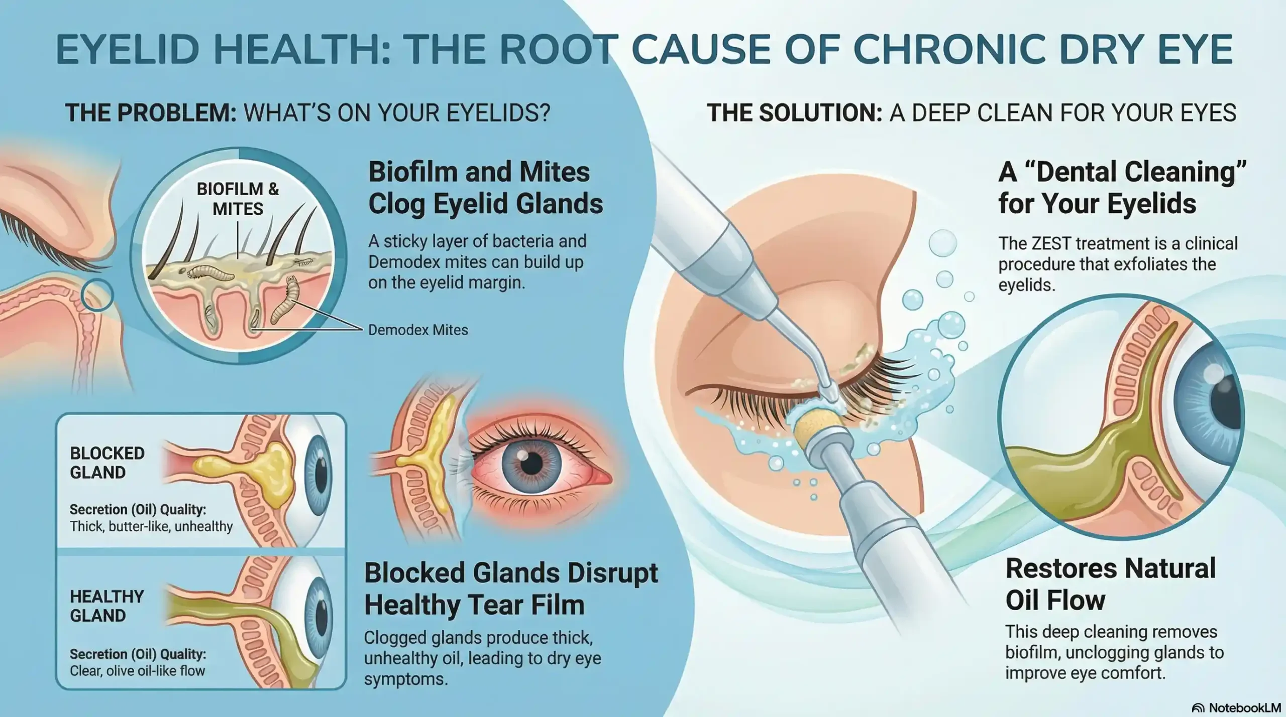 Illustration showing Meibomian Gland Dysfunction (MGD) and the ZEST cleaning process for dry eye relief.
