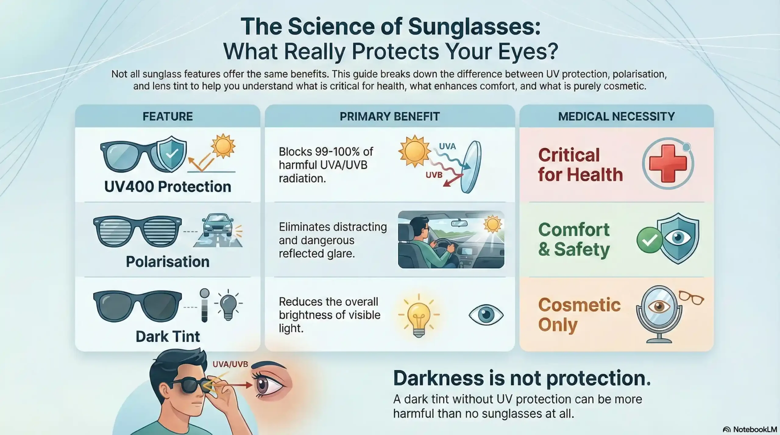Comparison chart showing differences between UV protection, polarization, and lens tint darkness.