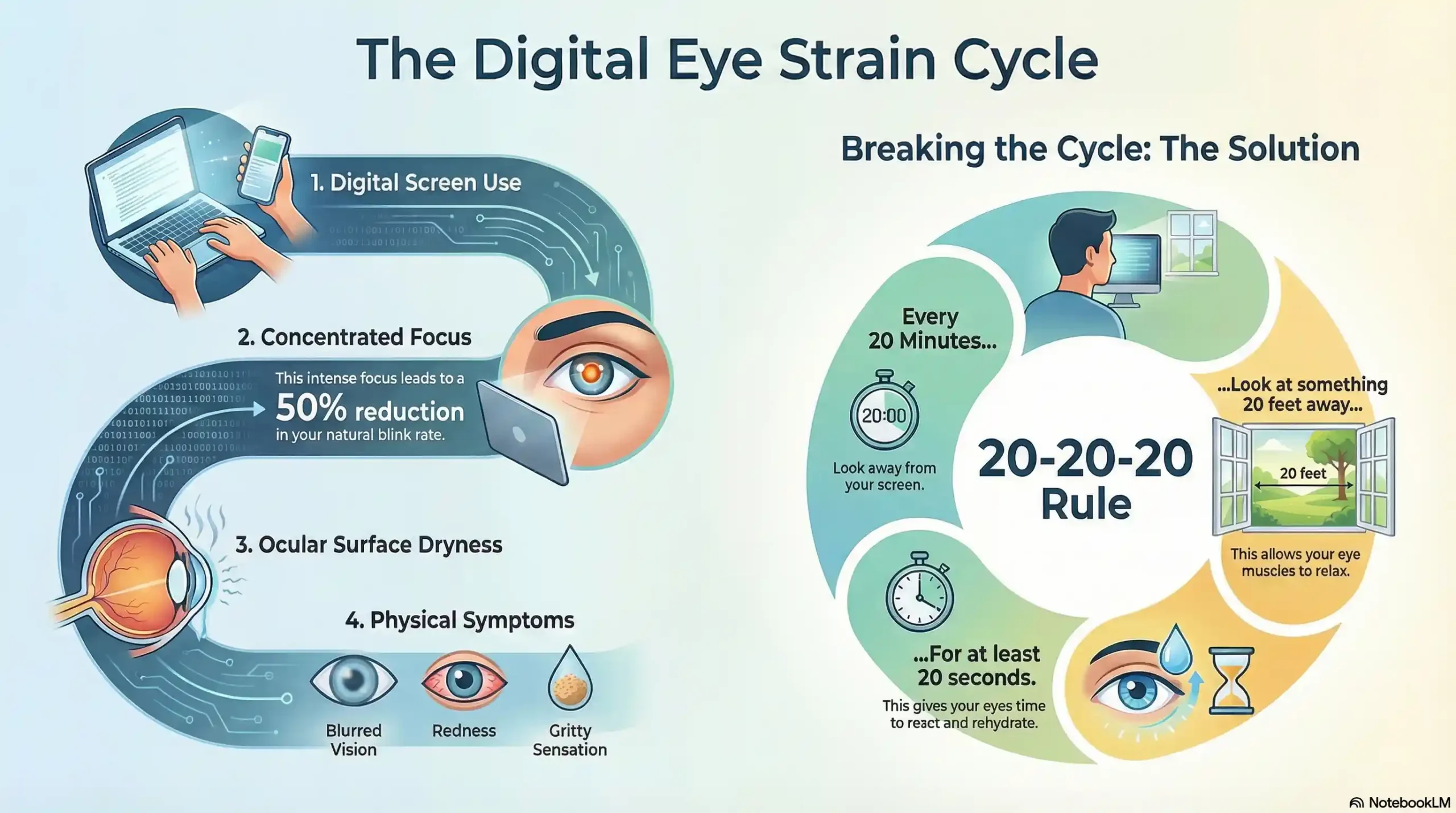 Diagram showing how digital screen use leads to reduced blink rate and dry eye syndrome.