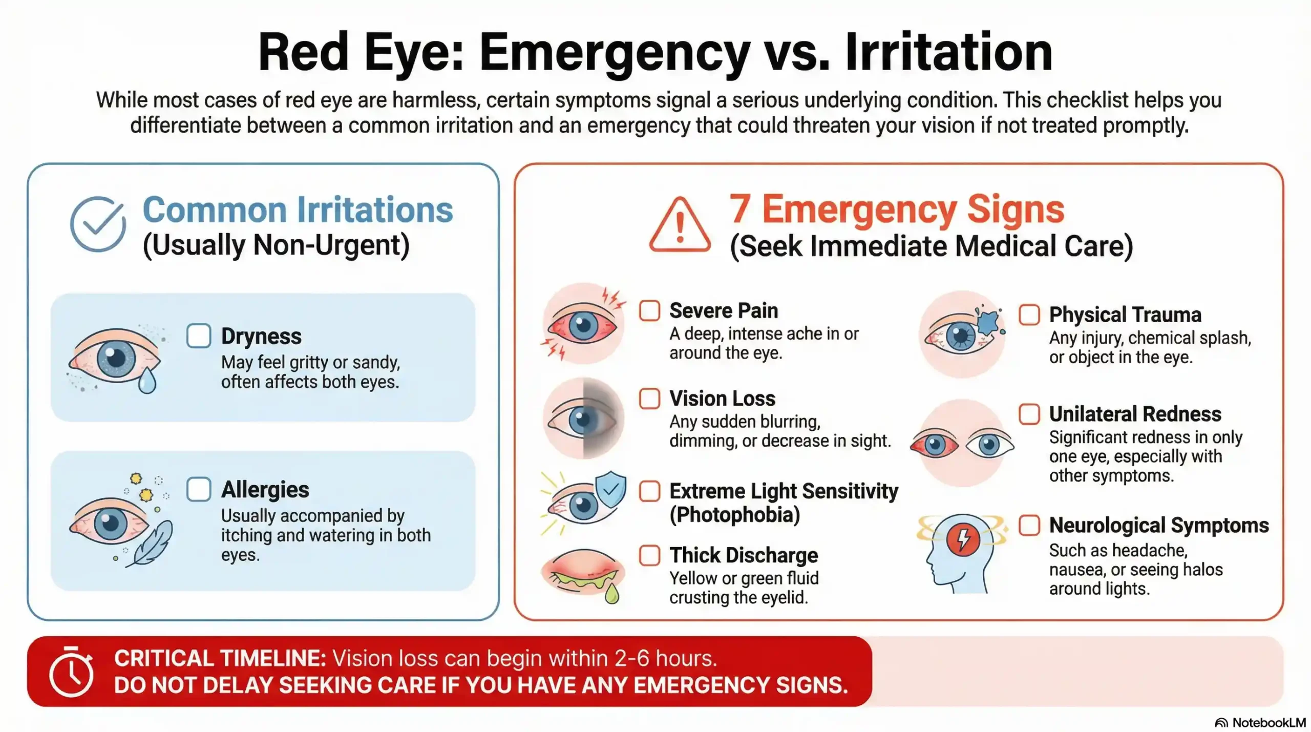 Red Eye Emergency Symptoms Checklist and Decision Guide.
