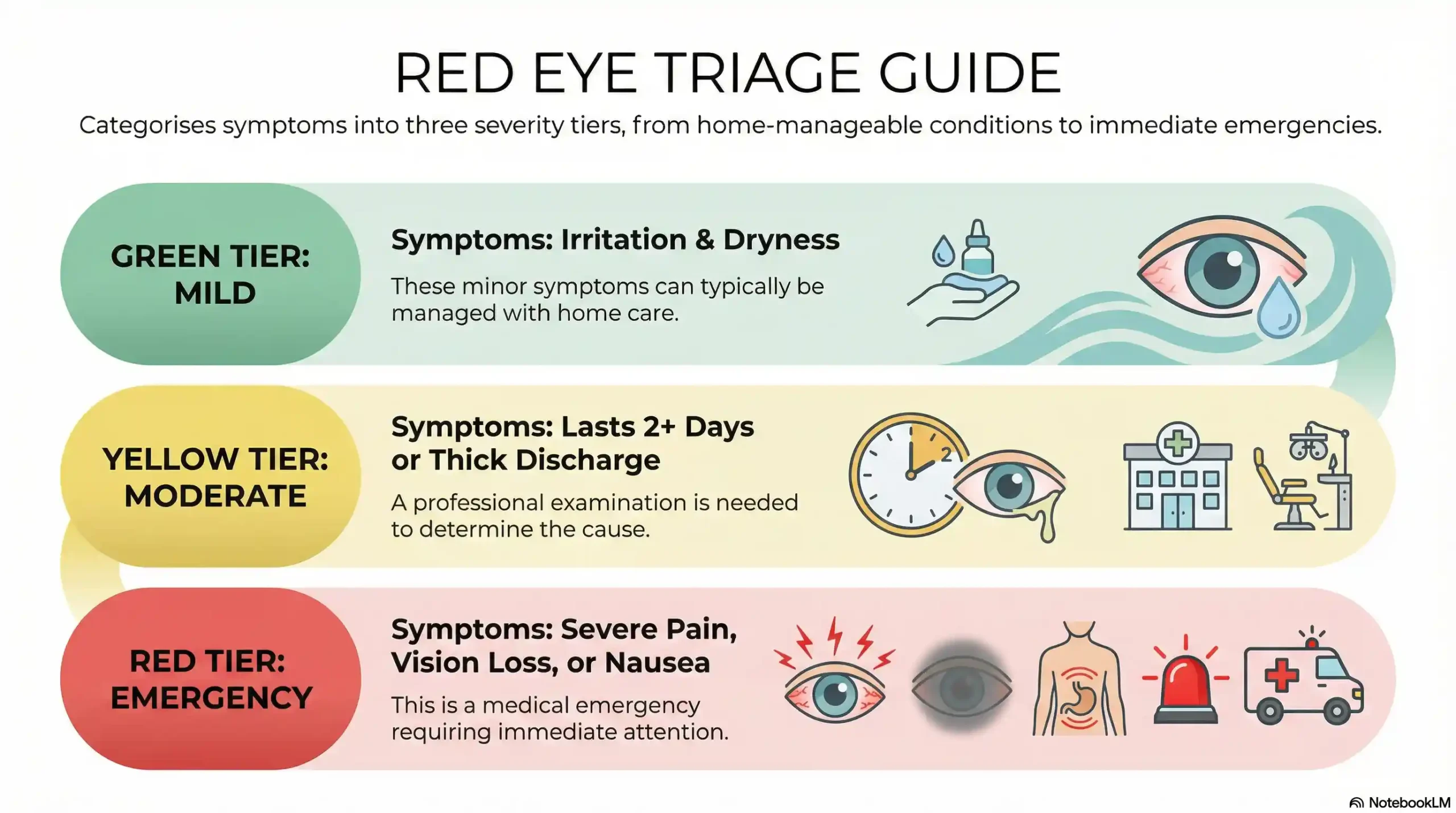 Infographic showing red eye symptom severity levels from mild irritation to emergency warning signs.